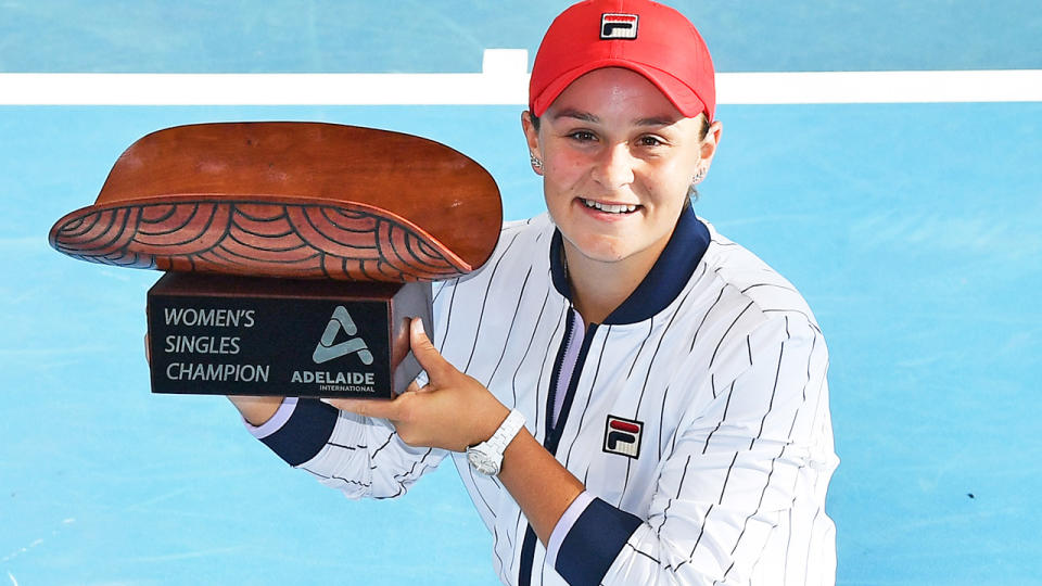 Ash Barty, pictured here after winning the Adelaide International in 2020. 