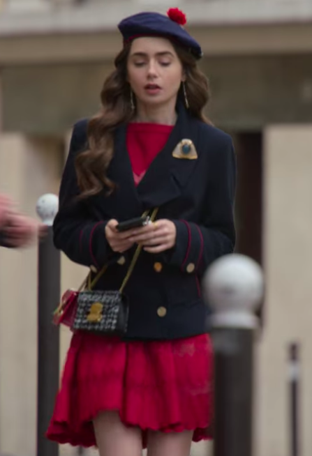 We end Season 1 on this outfit — not the worst, but certainly not the best. The two tiny bags are whimsical, I'll give her that. But the oversize lapel pin is confounding and hurting my eyes. Will Season 2 retire Emily's penchant for berets? Probably not, but a girl can dream. 