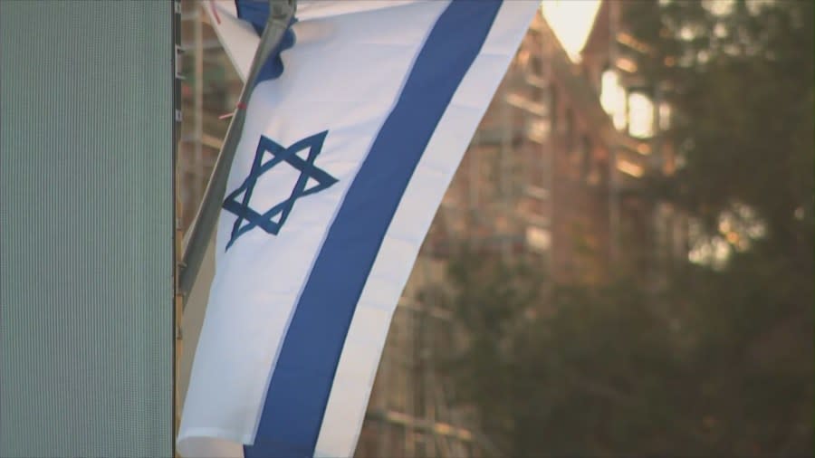An Israeli flag seen flying at on the UCLA campus amid protests over the Israel-Hamas war. (KTLA)