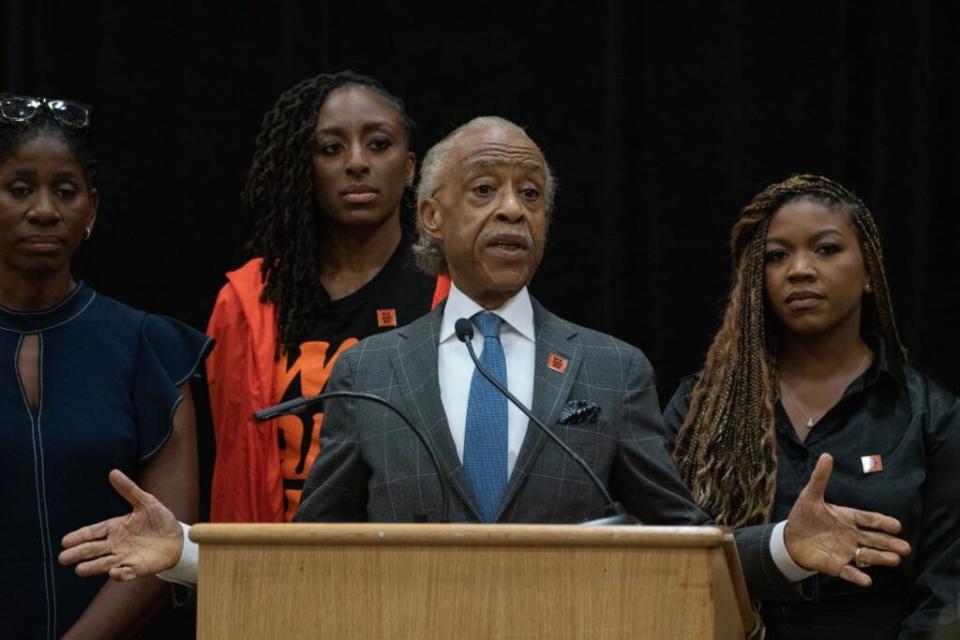 US reverend Al Sharpton (C) speaks at a press conference in support of the release of professional basketball player Brittney Griner, on July 8, 2022 in Chicago, Illinois, who has plead guilty to drug charges in Russia. (Photo by MAX HERMAN / AFP) (Photo by MAX HERMAN/AFP via Getty Images)