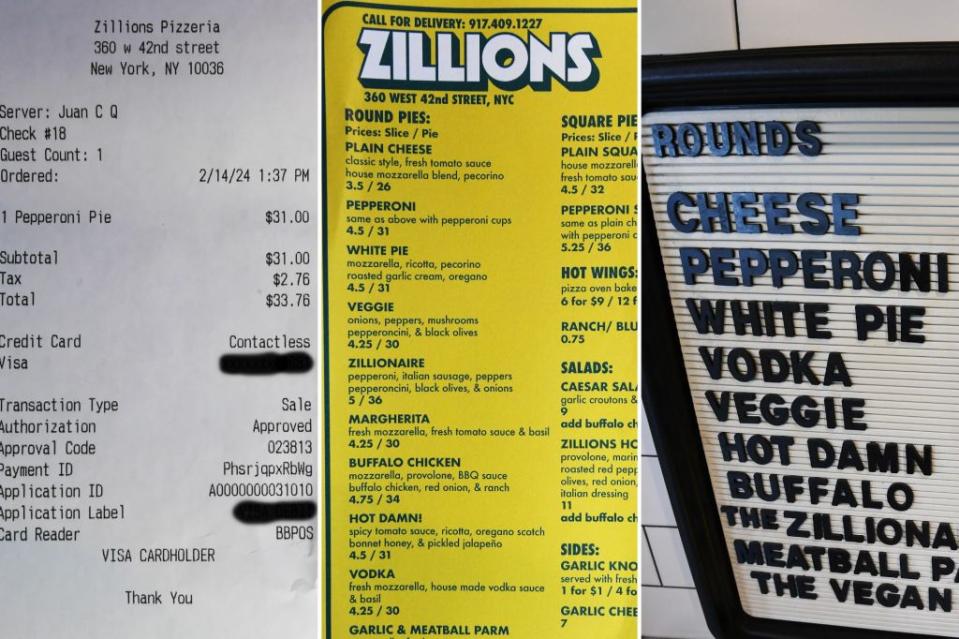 The Post was charged $33.76, 11 cents more than the citywide average, at Zillions for a pepperoni pie. Matthew McDermott for N.Y.Post (3)