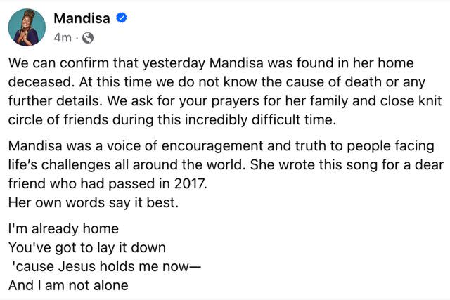 <p>Mandisa/Facebook </p> Mandisa death notice on Facebook