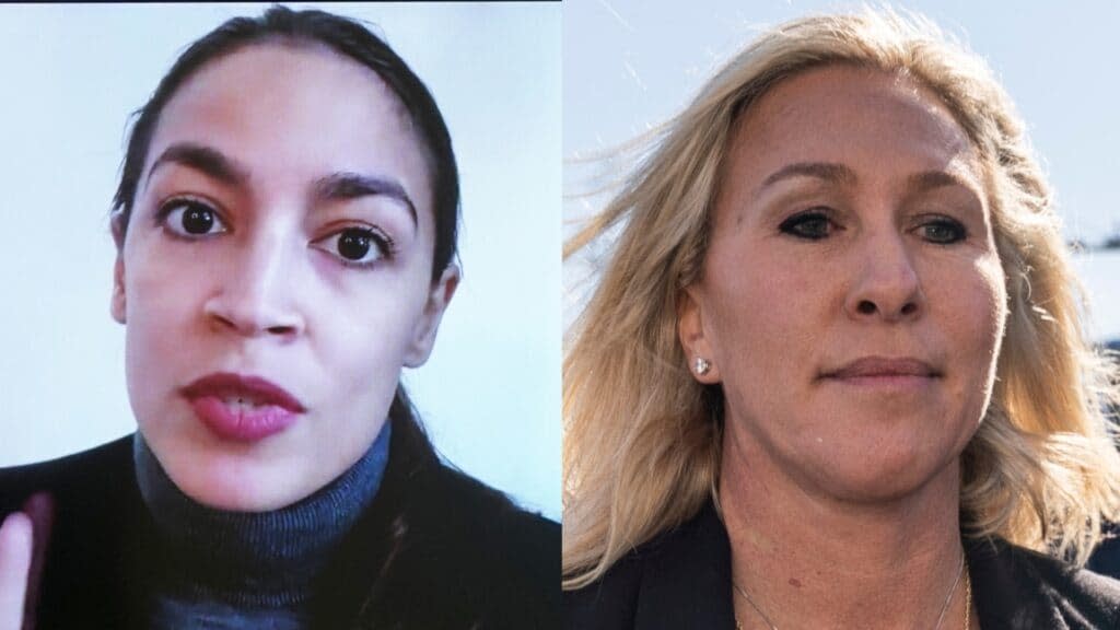 Democratic New York Rep. Alexandria Ocasio-Cortez (left) recalled her past life as a bartender when describing a recent conflict with Republican Rep. Marjorie Taylor Greene (right) on Capitol Hill. (Photos by Jim Lo Scalzo -Pool/Getty Images and Drew Angerer/Getty Images)