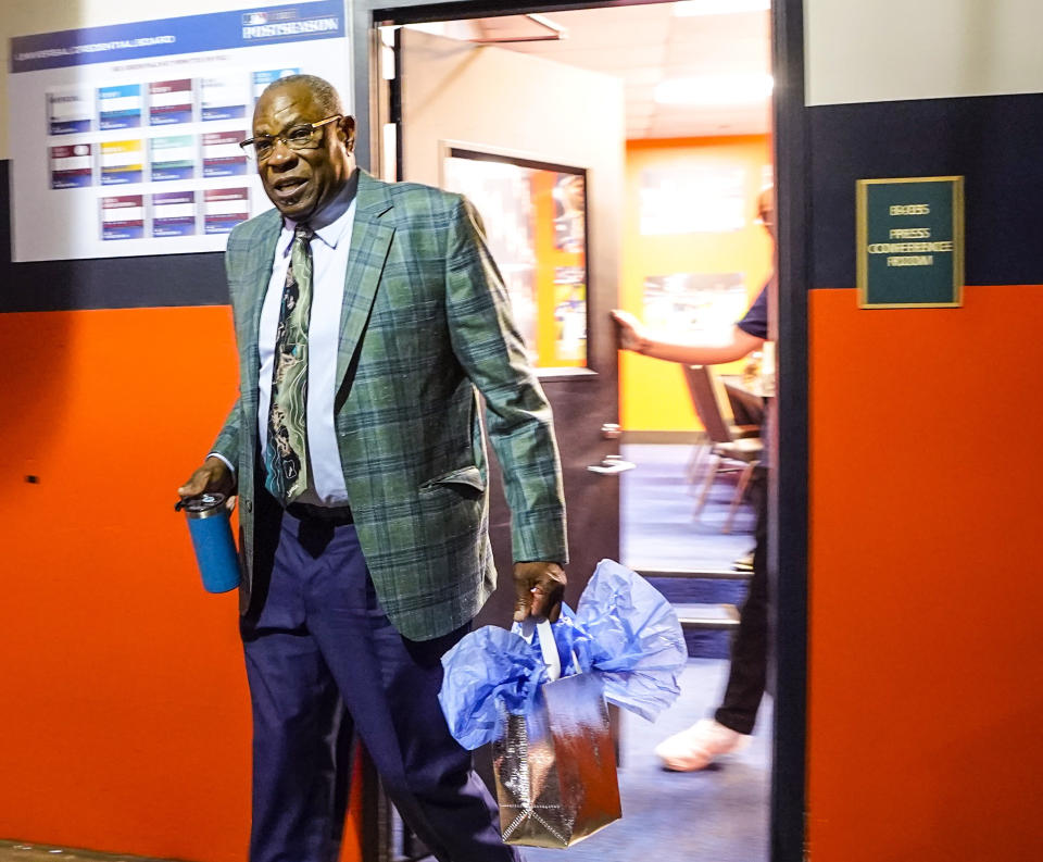Houston Astros manager Dusty Baker Jr. walks out of the press conference room announcing his retirement from baseball, Thursday, Oct. 26, 2023, at Minute Maid Park in Houston. (Karen Warren/Houston Chronicle via AP)