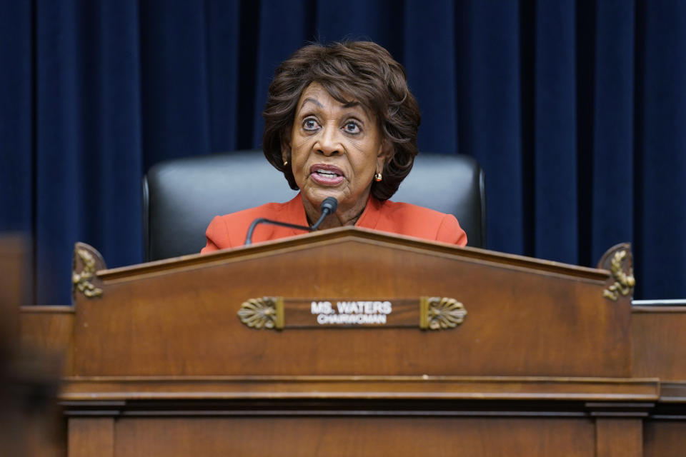 FILE - Committee Chairman Rep. Maxine Waters, D-Calif., speaks during a House Committee on Financial Services hearing, Wednesday, April 6, 2022, on Capitol Hill in Washington, with Treasury Secretary Janet Yellen. The former CEO of the failed cryptocurrency exchange FTX said in a tweet Friday, Dec. 9, that he is willing to testify to Congress next week, but that he will be limited in what he can say and that he “won't be as helpful” as he’d like to be. The tweet came in response to a tweet from Waters, who on Monday requested that Bankman-Fried attend next week’s hearings over the collapse of FTX. (AP Photo/Evan Vucci, File)