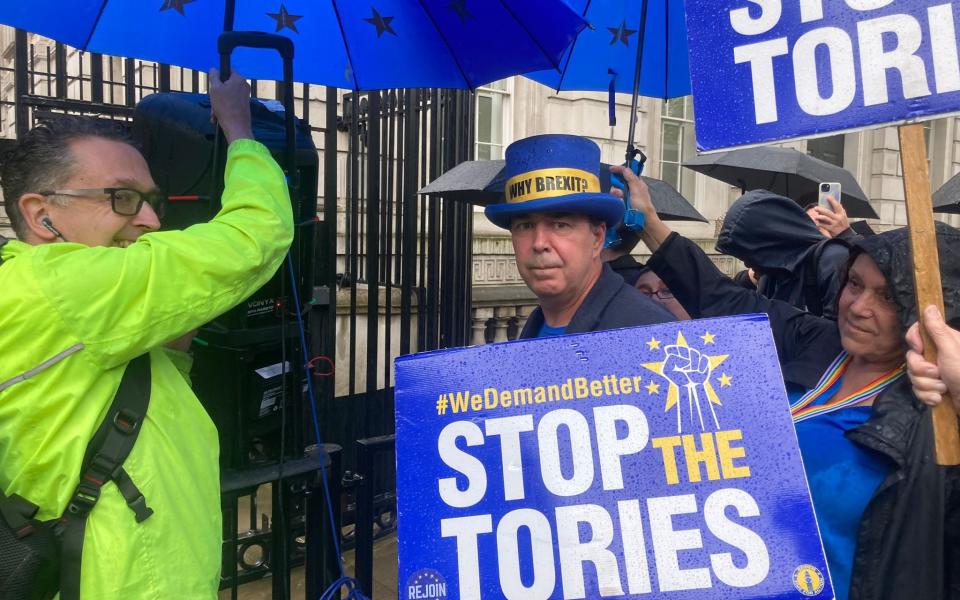 Steve Bray pictured outside Downing Street disrupting Rishi Sunak's speech