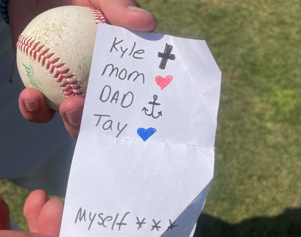 The piece of paper that Worcester Academy senior pitcher Mavrick Rizy keeps in his back right pant pocket during baseball games.