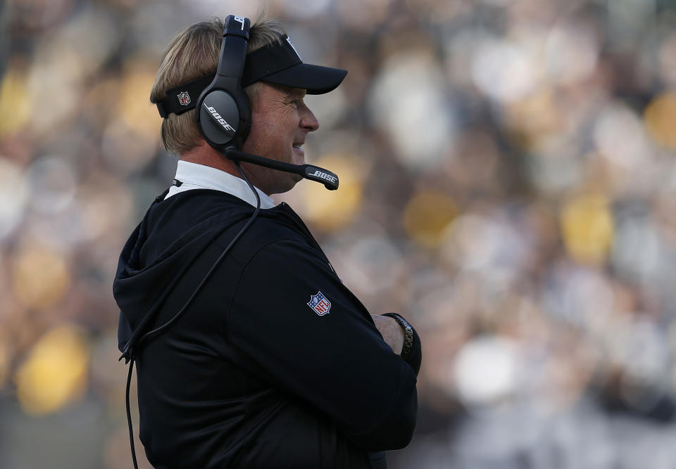 Raiders head coach Jon Gruden watches during the first half Sunday’s game against the Steelers. (AP Photo/D. Ross Cameron)