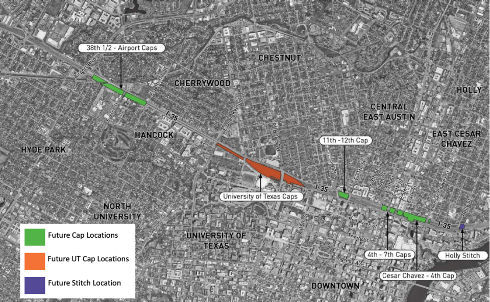 A graphic shown to Austin City Council members at a March 19 workshop shows proposed "cap" and "stitch" locations over Interstate 35 in Central Austin.