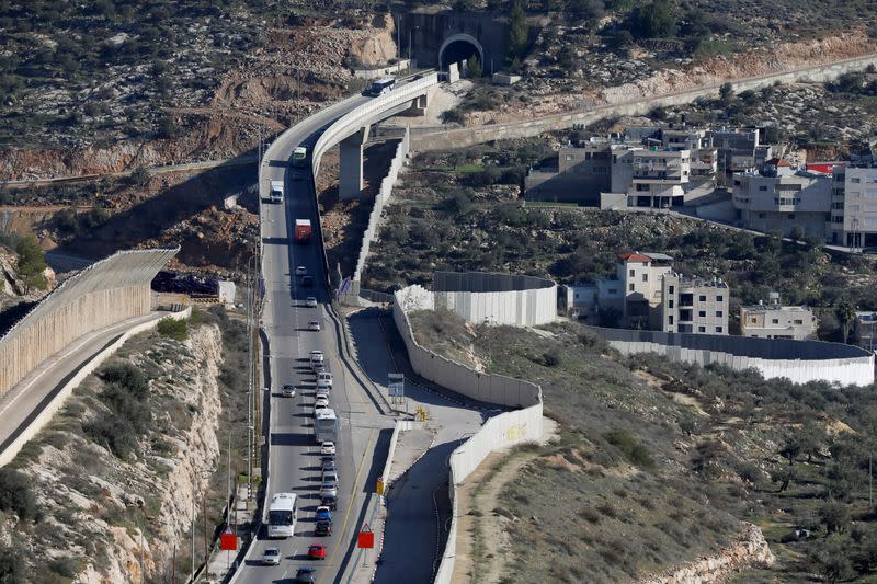 A view shows the Israeli barrier and the main road to Jerusalem as seen from Beit Jala in the Israeli-occupied West Bank