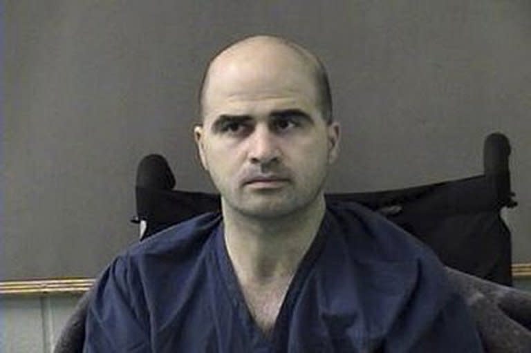 US Major Nidal Hasan is shown at San Antonio Bell County Jail in Belton, Texas on April 9, 2010. Military law prohibits Hasan from pleading guilty to killing 13 people at Fort Hood in 2009, a capital offense and so he has been given the opportunity to try to convince the jury that he does not deserve death for his actions