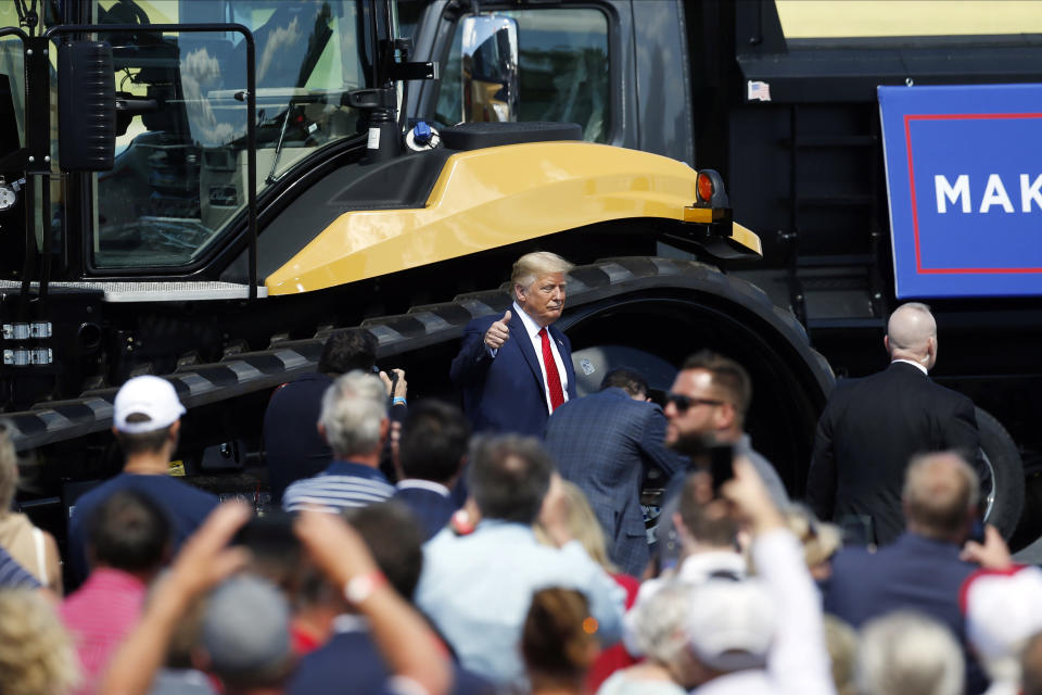 President Donald Trump leaves after speaking at a campaign stop at North Star Aviation in Mankato, Minn., Monday, Aug. 17, 2020. (AP Photo/Jim Mone)