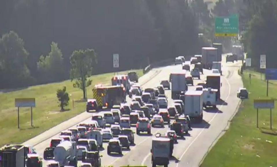 Vehicles are backed up on a highway near Columbia following a crash.