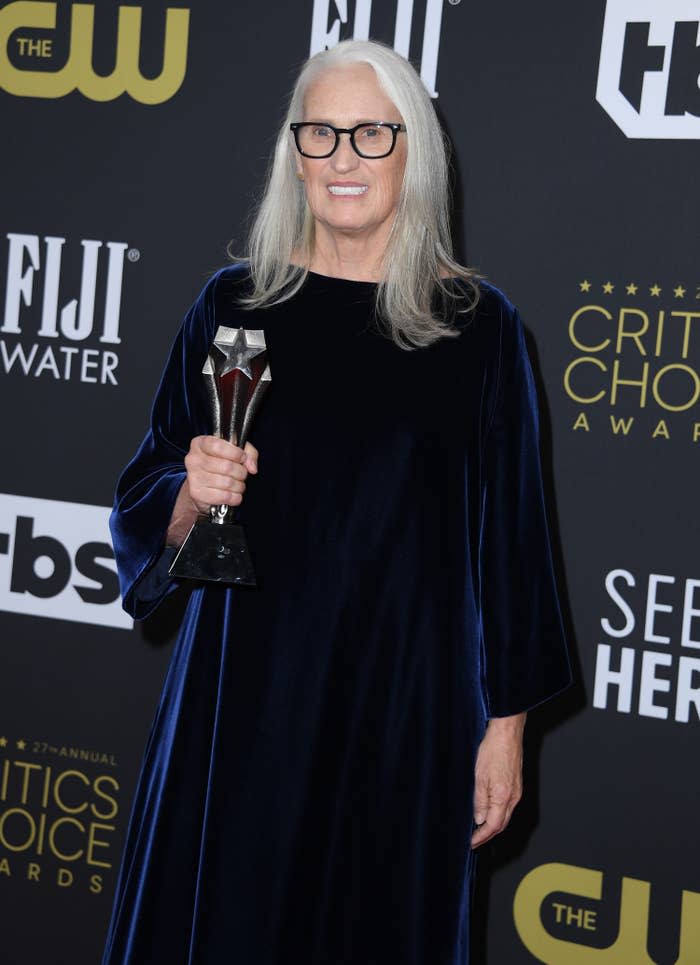 Campion holds her Critics Choice award