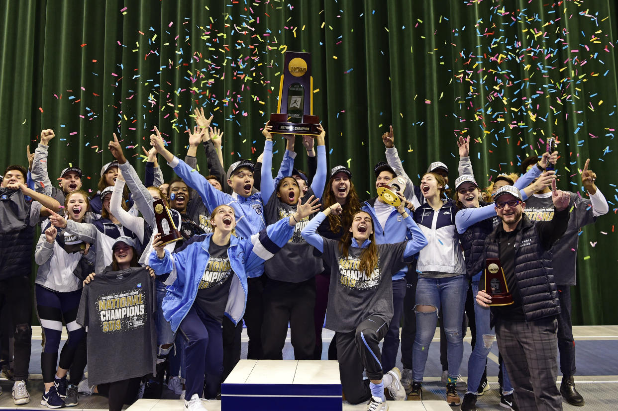 CLEVELAND, OH - MARCH 24: The Columbia Lions celebrate their national title during the Division I Women's Fencing Championship held at The Wolstein Center on the Cleveland State University campus on March 24, 2019 in Cleveland, Ohio. (Photo by Jason Miller/NCAA Photos via Getty Images)