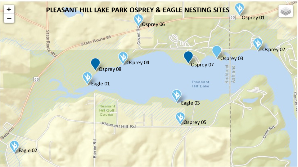 This map shows osprey and eagle nesting sites at Pleasant Hill Lake Park.