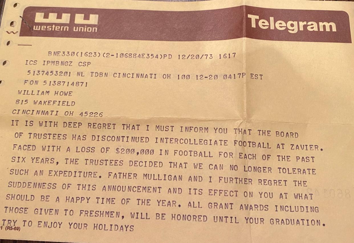 Xavier football players received this telegram explaining the school's decision to discontinue the football program.