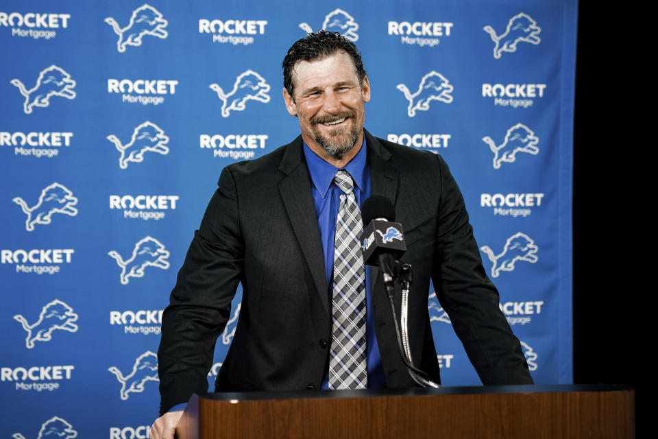 In this image provided by the Detroit Lions, Detroit Lions head coach Dan Campbell speaks during a news conference via video on his first day at the NFL football team's practice facility, Thursday, Jan. 21, 2021 in Allen Park, Mich. (Detroit Lions via AP).