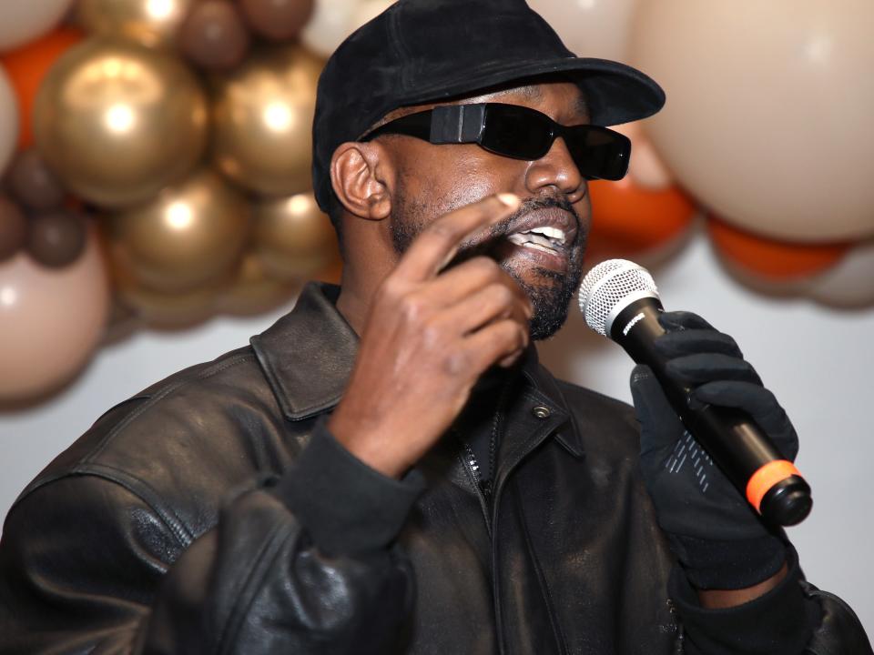 Kanye West attends the Los Angeles Mission's Annual Thanksgiving event at the Los Angeles Mission on November 24, 2021 in Los Angeles, California.