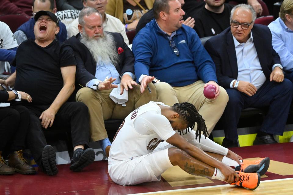 Cavaliers guard Darius Garland reacts in the fourth quarter against the Orlando Magic during Game 2 of the first-round playoff series, April 22, 2024, in Cleveland.