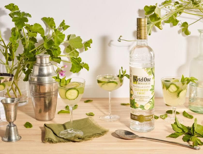 <p><strong>Ingredients</strong></p><p>1 small cucumber, cut into thin rounds<br>1 (2 inch) knob ginger, peeled and cut into thin slices<br>4 sprigs mint <br>2 lime wedges<br>2 oz Ketel One Botanical Cucumber & Mint Vodka <br>6 oz sparkling water </p><p><strong>Instructions</strong></p><p>In a large glass add the cucumber, ginger, 2 mint sprigs, lime, and vodka and muddle together until all the essential oils are released. Strain into a new glass filled with ice. Finish with sparkling water and garnish with 2 sprigs of mint and any additional cucumbers or limes. </p><p><a class="link " href="https://go.redirectingat.com?id=74968X1596630&url=https%3A%2F%2Fdrizly.com%2Fketel-one-botanical-cucumber-and-mint%2Fp85028&sref=https%3A%2F%2Fwww.townandcountrymag.com%2Fleisure%2Fdrinks%2Fg26858018%2Fmint-cocktails%2F" rel="nofollow noopener" target="_blank" data-ylk="slk:Shop Now;elm:context_link;itc:0;sec:content-canvas">Shop Now </a> <em>Cucumber & Mint Botanical Vodka, Ketel One, $17.99 </em> </p>