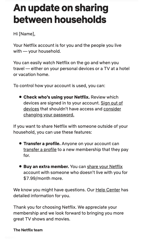 Screenshot of Netflix email text