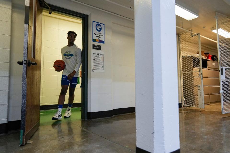 Providence Cristo Rey junior Javion Newell leaves the locker room Tuesday, Jan. 16, 2024, before a game against Arsenal Technical High School.