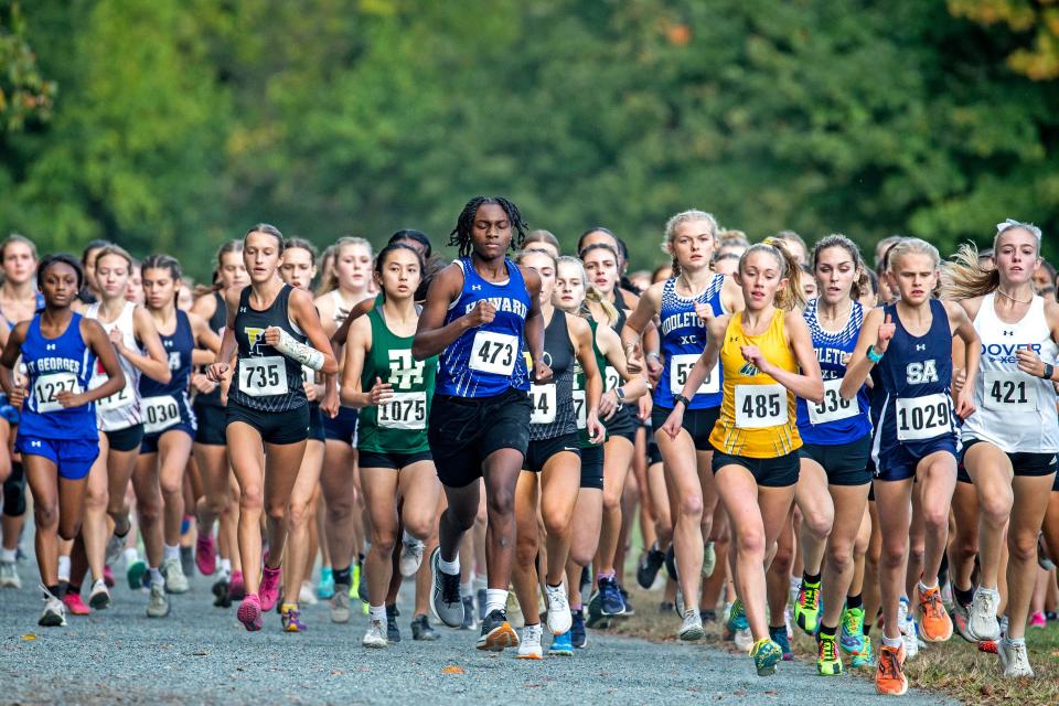 The Girls Varsity runners compete at the 2023 Joe O'Neill Invitational cross country race at Bellevue State Park in Wilmington, Thursday, Oct. 19, 2023.