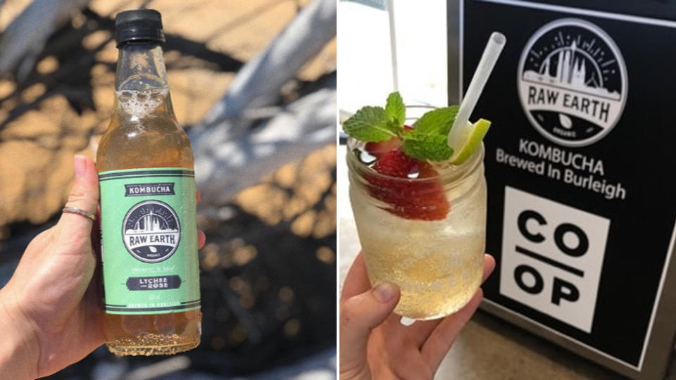 Raw Earth Organic Lychee Rose Kombucha (left) and in a glass (right).