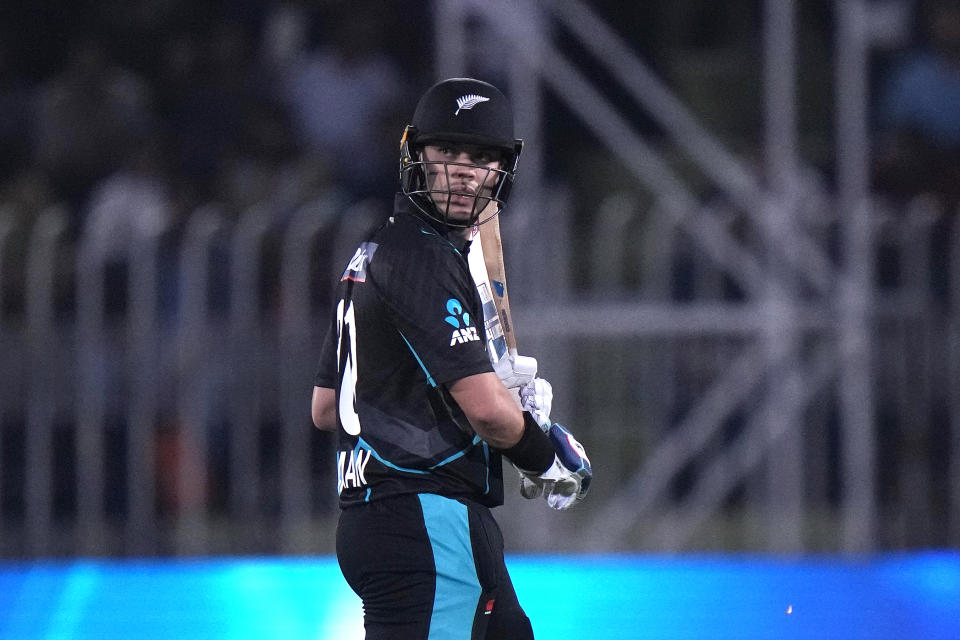 New Zealand's Michael Bracewell walks off the field after losing his wicket during the second T20 international cricket match between Pakistan and New Zealand, in Rawalpindi, Pakistan, Saturday, April 20, 2024. (AP Photo/Anjum Naveed)