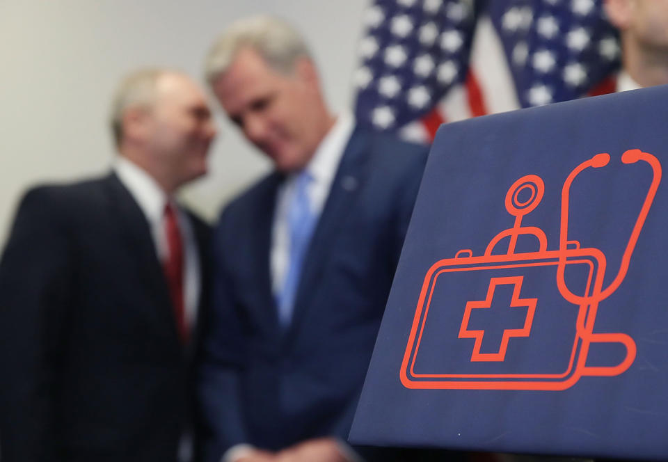 House Majority Whip Steve Scalise, R-La., left, speaks with House Majority Leader Kevin McCarthy, R-Calif., after a closed House GOP conference attended by President Trump on Capitol Hill March 21. (Photo: Mark Wilson/Getty Images)