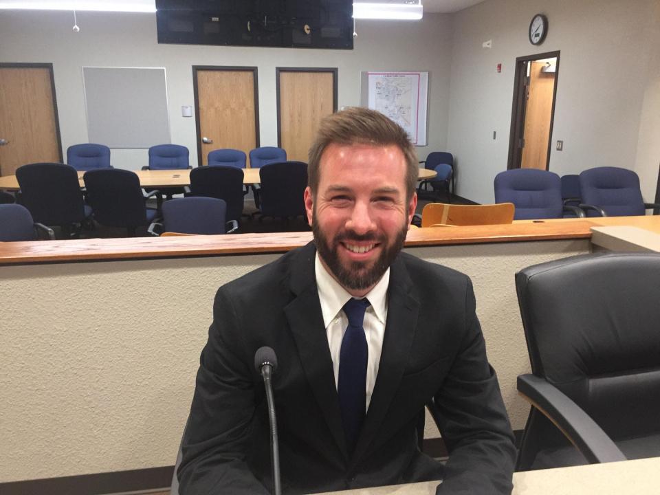 New Ward 2 Carlsbad City Councilor Jeff Forrest takes a seat after being sworn in on Jan. 3, 2022.