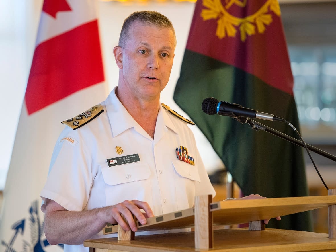 Admiral Art McDonald is shown at a media briefing in July 2019, when he was commander of the Royal Canadian Navy. (Andrew Vaughan/The Canadian Press - image credit)