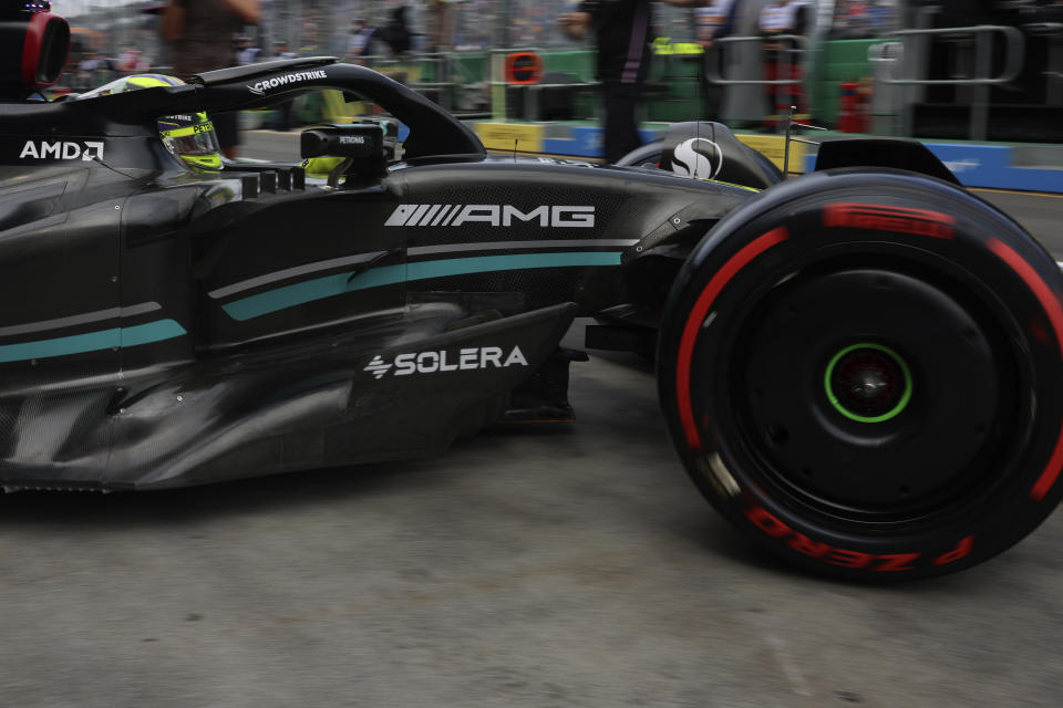 Mercedes driver Lewis Hamilton of Britain drives his car out of pit lane during a practice session ahead of the Australian Formula One Grand Prix at Albert Park in Melbourne, Saturday, April 1, 2023. (AP Photo/Asanka Brendon Ratnayake)