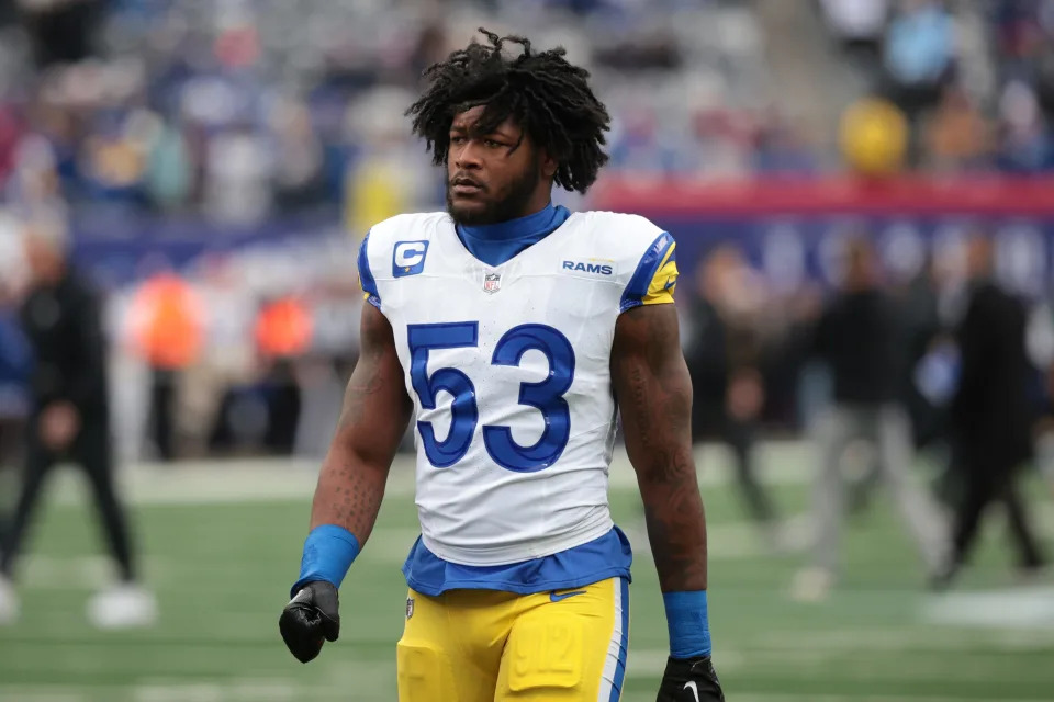 Dec 31, 2023; East Rutherford, New Jersey, USA; Los Angeles Rams linebacker Ernest Jones (53) at MetLife Stadium. Mandatory Credit: Vincent Carchietta-USA TODAY Sports