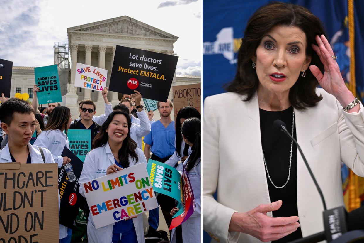 Split image: Abortion protesters, Kathy Hochul