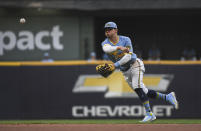 Milwaukee Brewers' Luis Urias makes a throw to first to attempt to get out Toronto Blue Jays' Alejandro Kirk, who was safe during the third inning of a baseball game Friday, June 24, 2022, in Milwaukee. (AP Photo/Kenny Yoo)