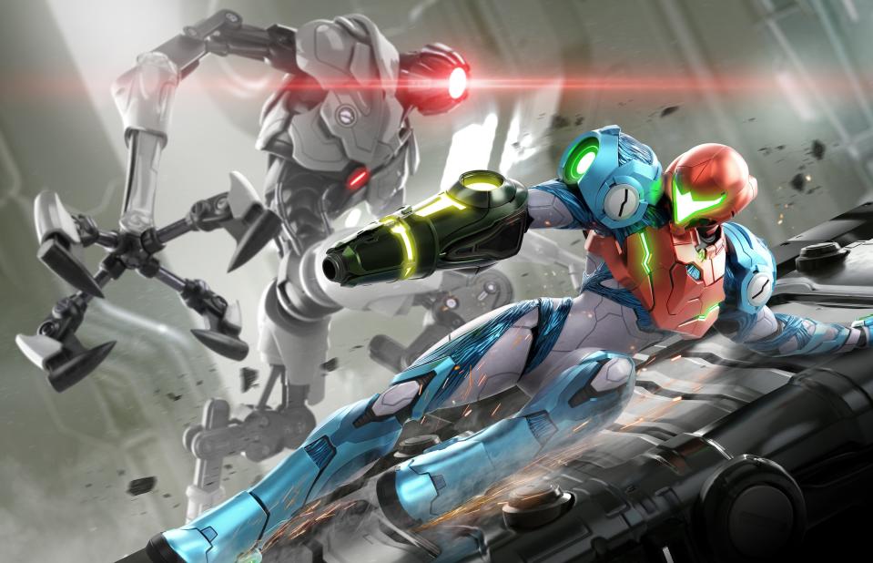 This artwork from "Metroid Dread," out October 8 the Nintendo Switch, shows the new enemy facing heroine Samus Aran, the E.M.M.I. robots, which are impervious to her weapons.