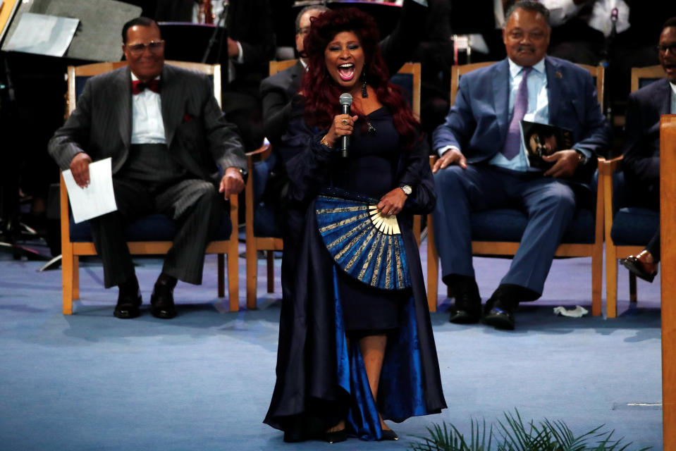 Singer Chaka Khan performs at the funeral service for Aretha Franklin at the Greater Grace Temple in Detroit, Aug. 31, 2018. (Photo: Reuters/Mike Segar)