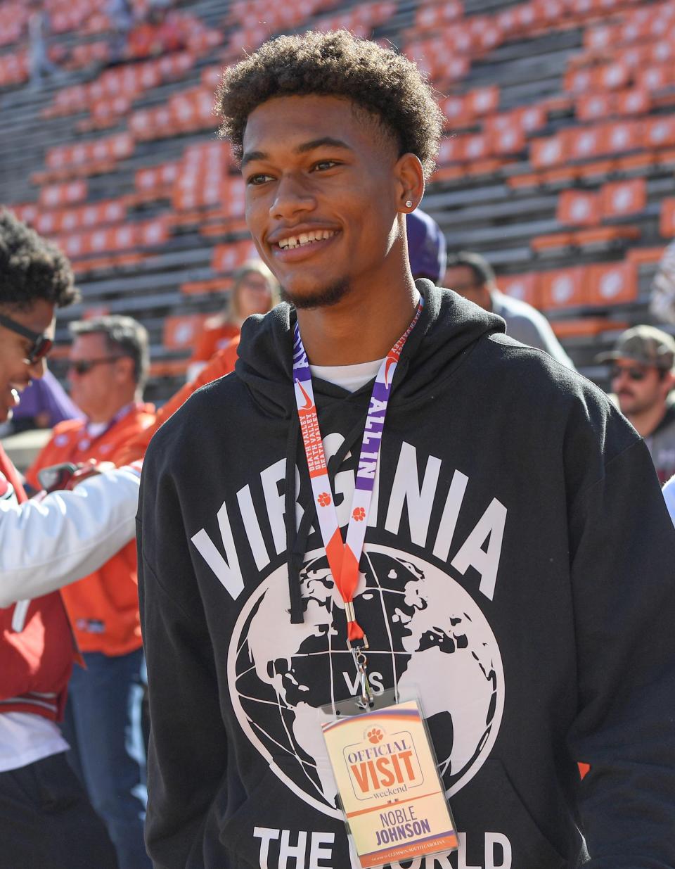 Football recruit Noble Johnson before the game with South Carolina at Memorial Stadium in Clemson, South Carolina Saturday, Nov. 26, 2022.   