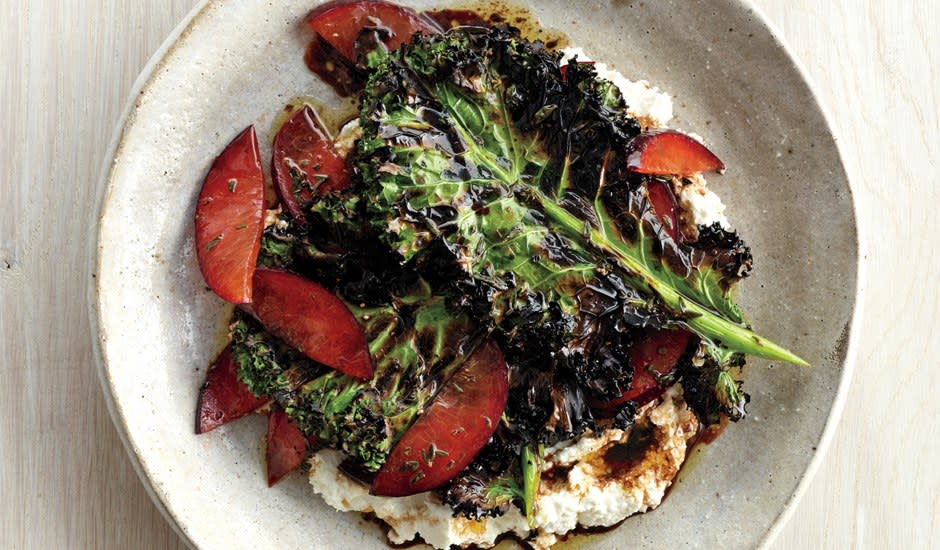 Grilled Kale Salad with Ricotta and Plums