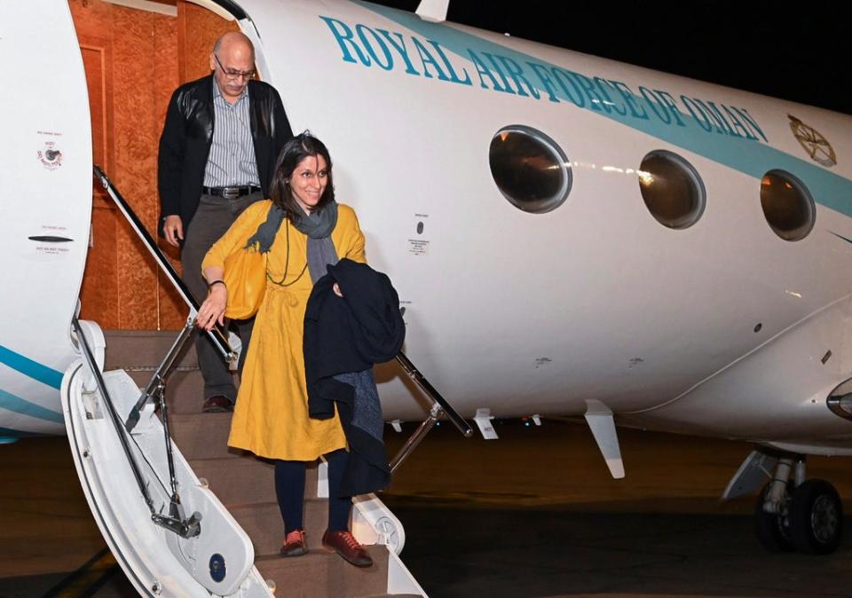 Nazanin Zaghari-Ratcliffe and Anoosheh Ashoori arrive in Muscat, Oman, on their way back to the UK (AP)