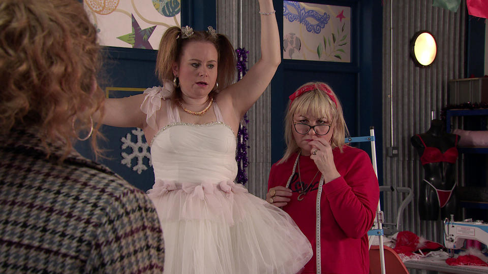 FROM ITV

STRICT EMBARGO - No Use Before Tuesday 6th December 2022

Coronation Street - Ep 1082122

Pattern A

Friday 16th December 2022

When Fiz Stape [JENNIE McALPINE] finds Gemma Winter [DOLLY ROSE CAMPBELL] modelling a wedding dress while Beth Sutherland [LISA GEORGE] pins it, she wants to know whatâ€™s going on! 

Picture contact - David.crook@itv.com

This photograph is (C) ITV Plc and can only be reproduced for editorial purposes directly in connection with the programme or event mentioned above, or ITV plc. Once made available by ITV plc Picture Desk, this photograph can be reproduced once only up until the transmission [TX] date and no reproduction fee will be charged. Any subsequent usage may incur a fee. This photograph must not be manipulated [excluding basic cropping] in a manner which alters the visual appearance of the person photographed deemed detrimental or inappropriate by ITV plc Picture Desk. This photograph must not be syndicated to any other company, publication or website, or permanently archived, without the express written permission of ITV Picture Desk. Full Terms and conditions are available on  www.itv.com/presscentre/itvpictures/terms
