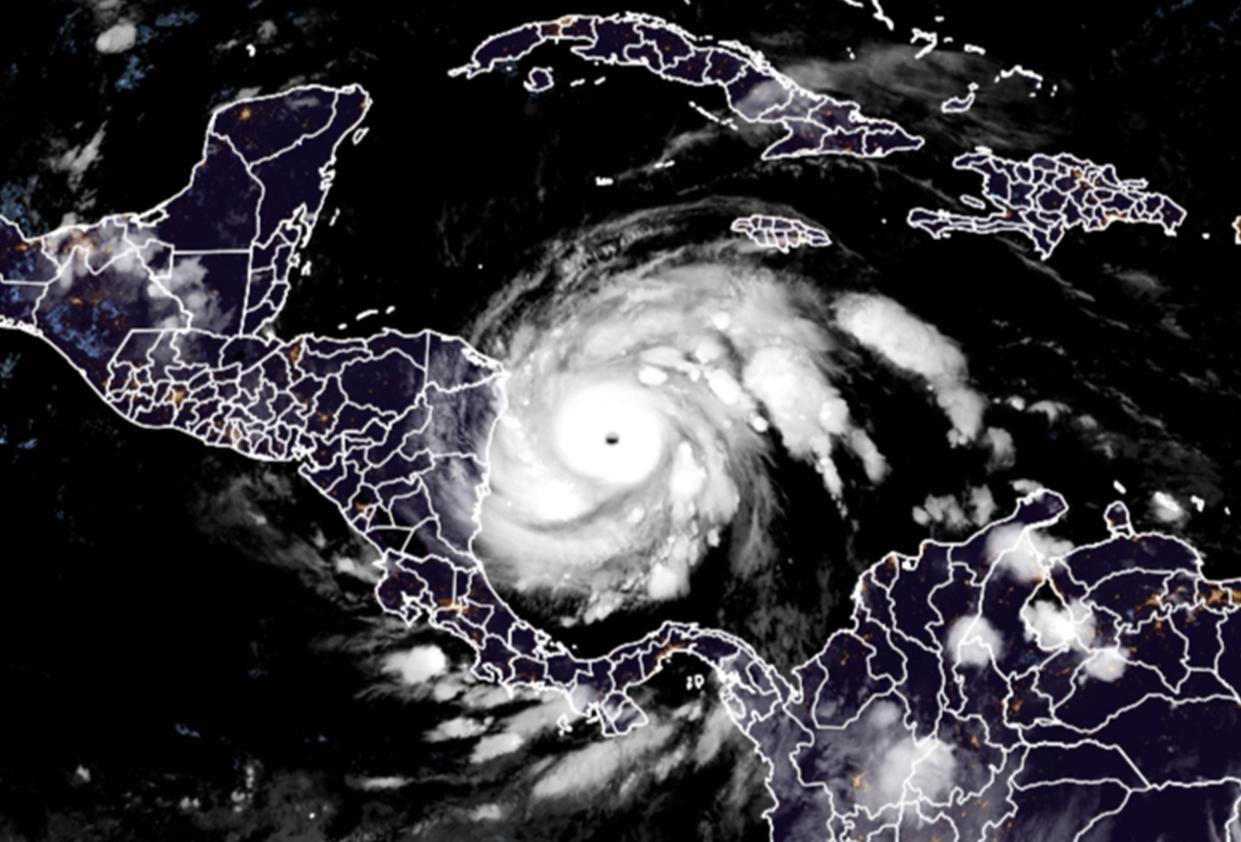 This RAMMB/CIRA satellite image shows Hurricane Iota on November 16, 2020 at 06:50 UTC as it approaches Central America (RAMMB/CIRA/AFP via Getty Images)