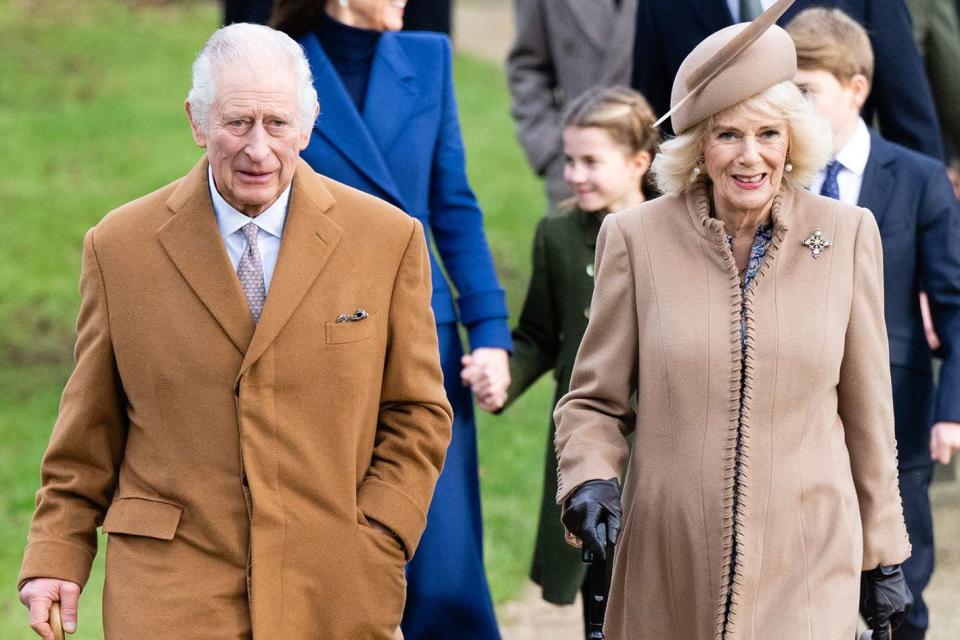 <p>Samir Hussein/WireImage</p> King Charles and Queen Camilla at Christmas 2023