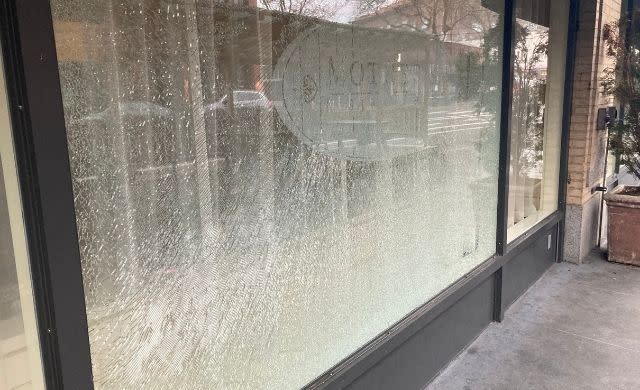 <em>Mother’s Bistro & Bar dealt with broken windows and frequent vandalism (Lisa Schroeder) February, 2022. </em>