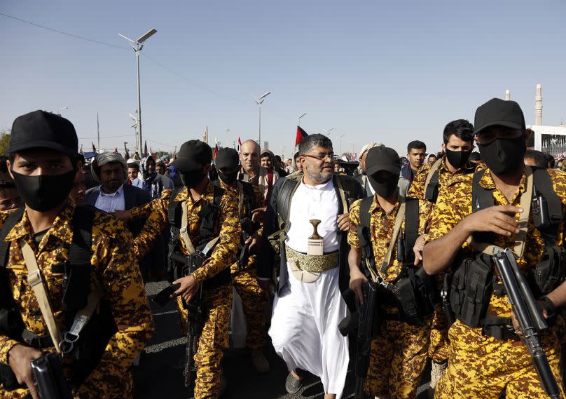 Mohammed Ali al-Houthi, former President of the Revolutionary Committee, arrives at a protest against the United States-led airstrikes in Sanaa, January 2024