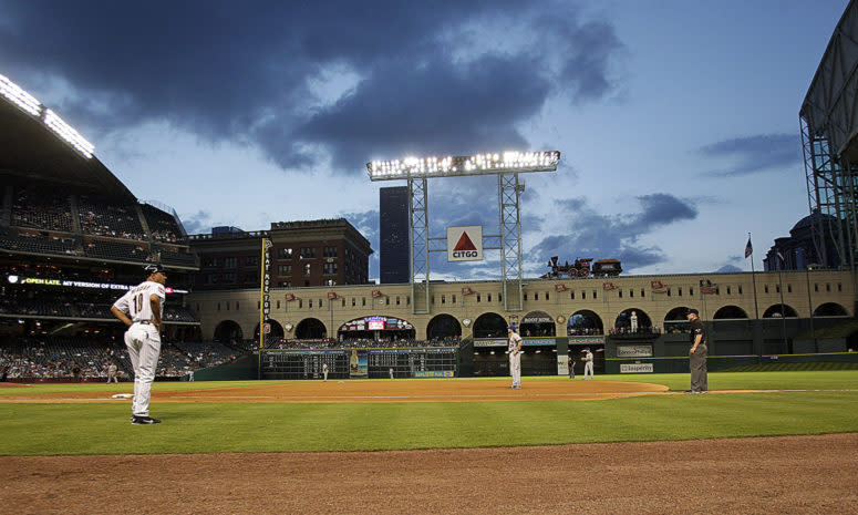 A general view of the Houston Astros' stadium from field level.