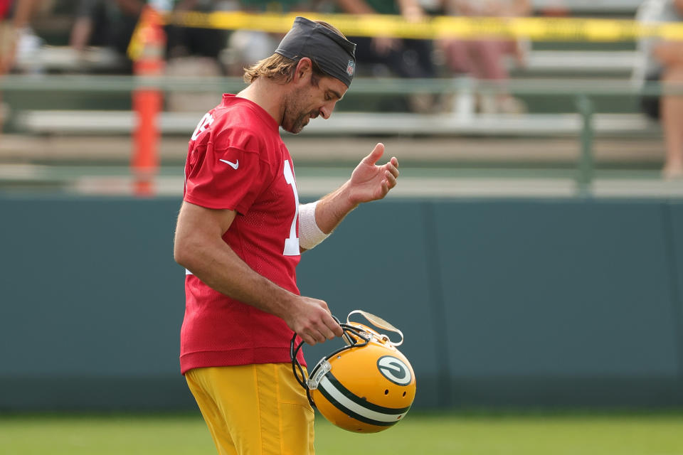 Aaron Rodgers is back with the Green Bay Packers, but for how long? (Photo by Stacy Revere/Getty Images)