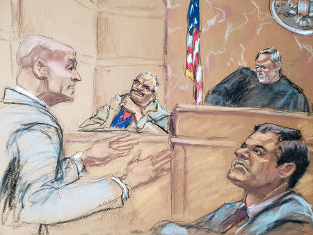 Defense attorney William Purpura cross examines government witness Jesus Zambada (R), the brother of Ismael "El Mayo" Zambada who was Guzman's alleged partner in running the Sinaloa Cartel, during the trial of the accused Mexican drug lord Joaquin "El Chapo" Guzman (R) as Judge Brian Cogan look on, in this courtroom sketch in Brooklyn federal court in New York, U.S., November 19, 2018. Sketch from November 19, 2018. REUTERS/Jane Rosenberg